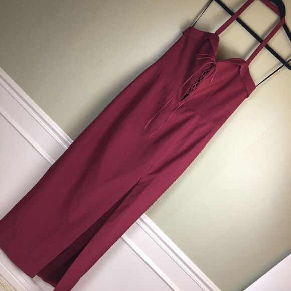 X-194 Wayf  Sydney Lace Up Convertible Halter Maxi Dress Red Slit Back Zip L New - Picture 1 of 5